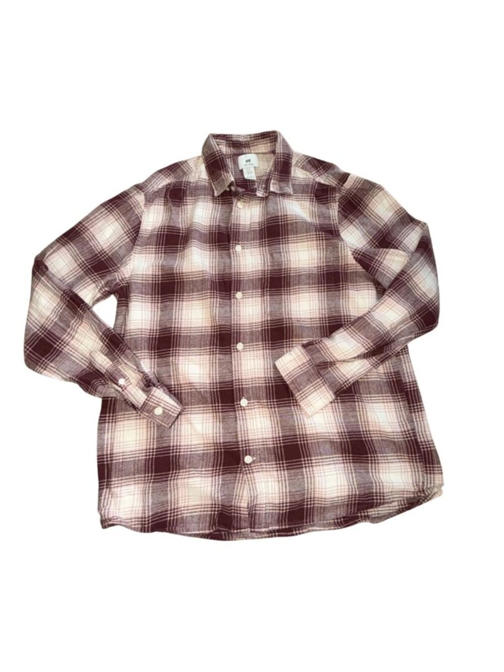 H&M Men's Maroon and Cream Check Flannel Shirt-M-GUC
